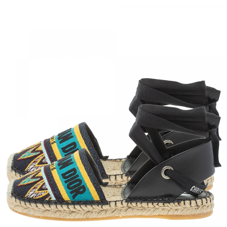 Pre Owned Dior Multicolor Embroidered Canvas And Leather Nicely D Espadrille Ankle Wrap Flat Sandals Size 36