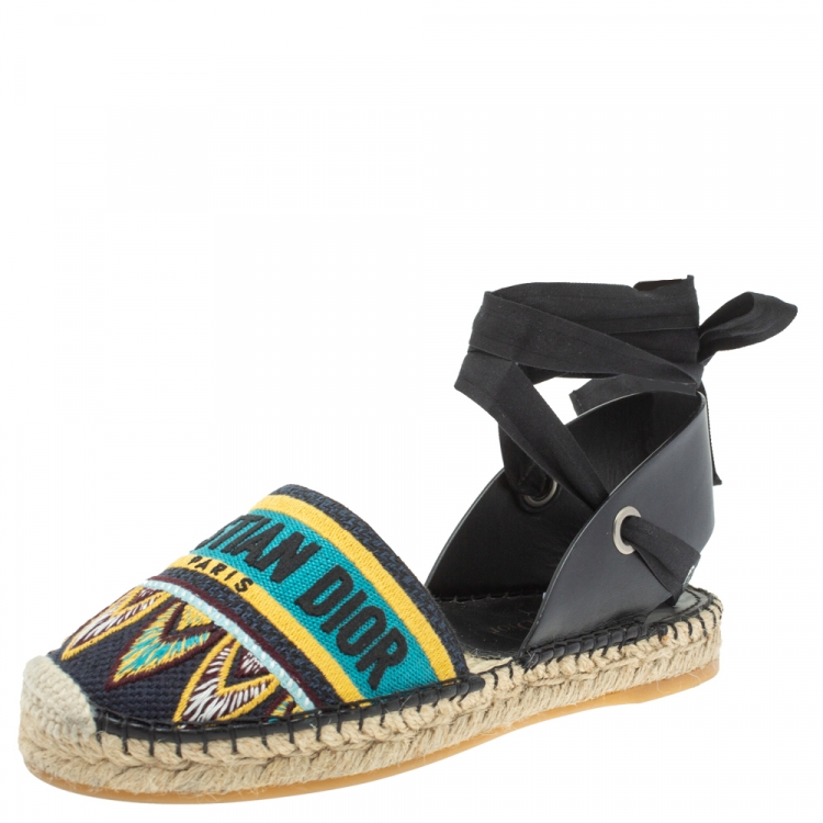 Pre Owned Dior Multicolor Embroidered Canvas And Leather Nicely D Espadrille Ankle Wrap Flat Sandals Size 36