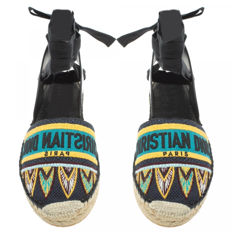 Pre Owned Dior Multicolor Embroidered Canvas And Leather Nicely D Espadrille Ankle Wrap Flat Sandals Size 36