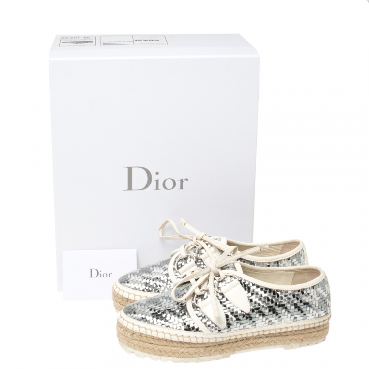 Pre Owned Dior Metallic Silver/White Woven Leather Espadrille Lace Up Sneakers Size 35
