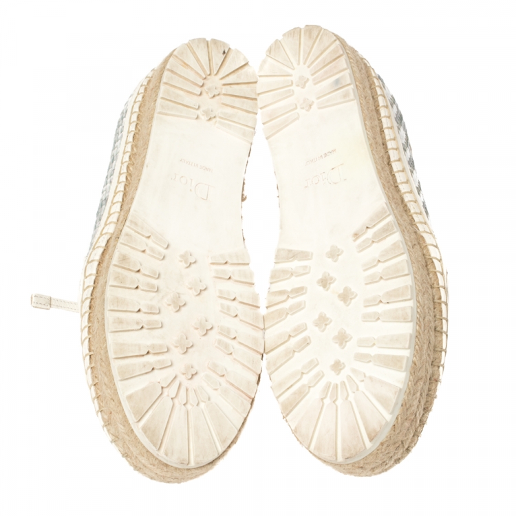 Pre Owned Dior Metallic Silver/White Woven Leather Espadrille Lace Up Sneakers Size 35