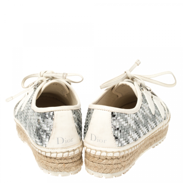 Pre Owned Dior Metallic Silver/White Woven Leather Espadrille Lace Up Sneakers Size 35