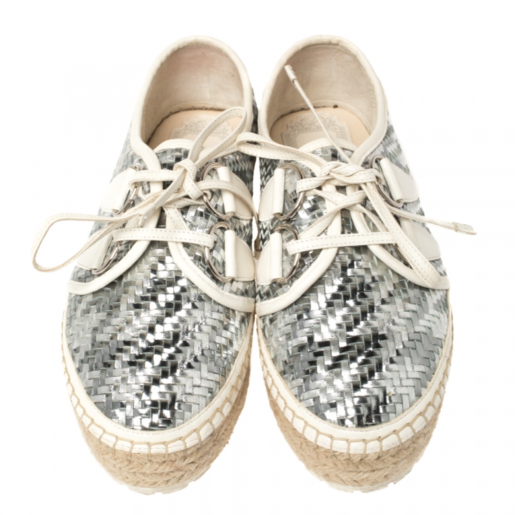 Pre Owned Dior Metallic Silver/White Woven Leather Espadrille Lace Up Sneakers Size 35
