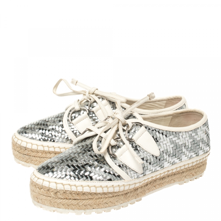 Pre Owned Dior Metallic Silver/White Woven Leather Espadrille Lace Up Sneakers Size 35