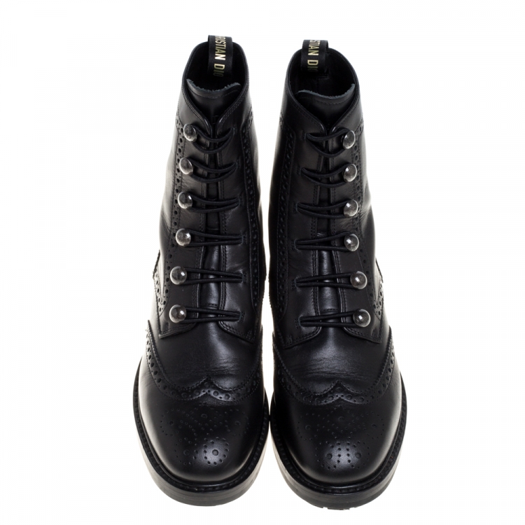Pre Owned Dior Black Brogue Leather Diorunit Combat Mid Length Boots Size 36.5