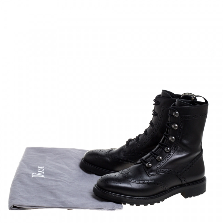 Pre Owned Dior Black Brogue Leather Diorunit Combat Mid Length Boots Size 36.5
