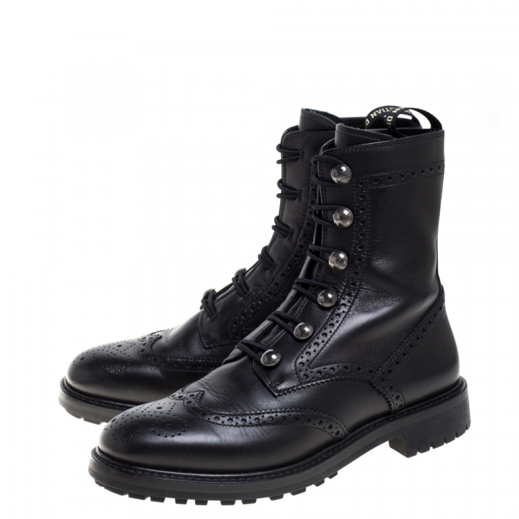 Pre Owned Dior Black Brogue Leather Diorunit Combat Mid Length Boots Size 36.5