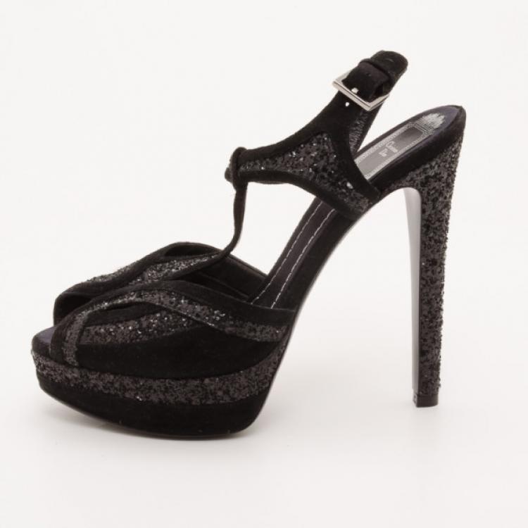Pre Owned Dior 'Celeste' Black Glitter and Suede T-Strap Sandals Size 38