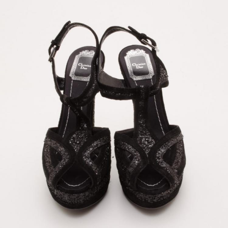 Pre Owned Dior 'Celeste' Black Glitter and Suede T-Strap Sandals Size 38