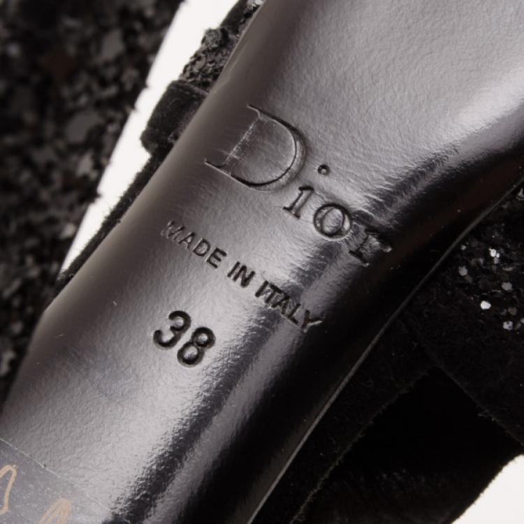 Pre Owned Dior 'Celeste' Black Glitter and Suede T-Strap Sandals Size 38