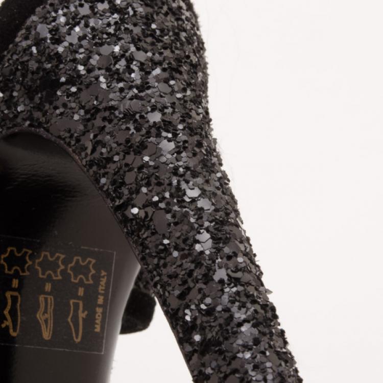Pre Owned Dior 'Celeste' Black Glitter and Suede T-Strap Sandals Size 38