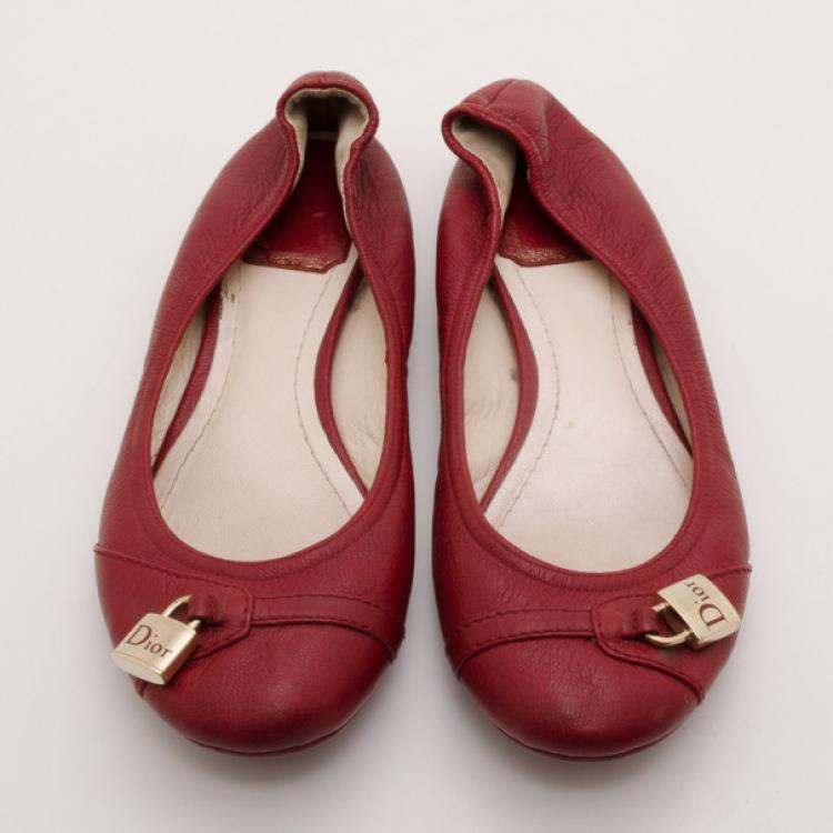 Pre Owned Dior Red Leather 'Padlock' Ballerina Flats Size 37