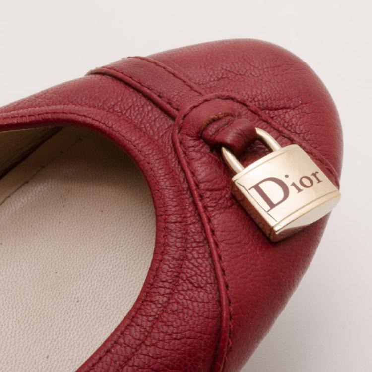 Pre Owned Dior Red Leather 'Padlock' Ballerina Flats Size 37