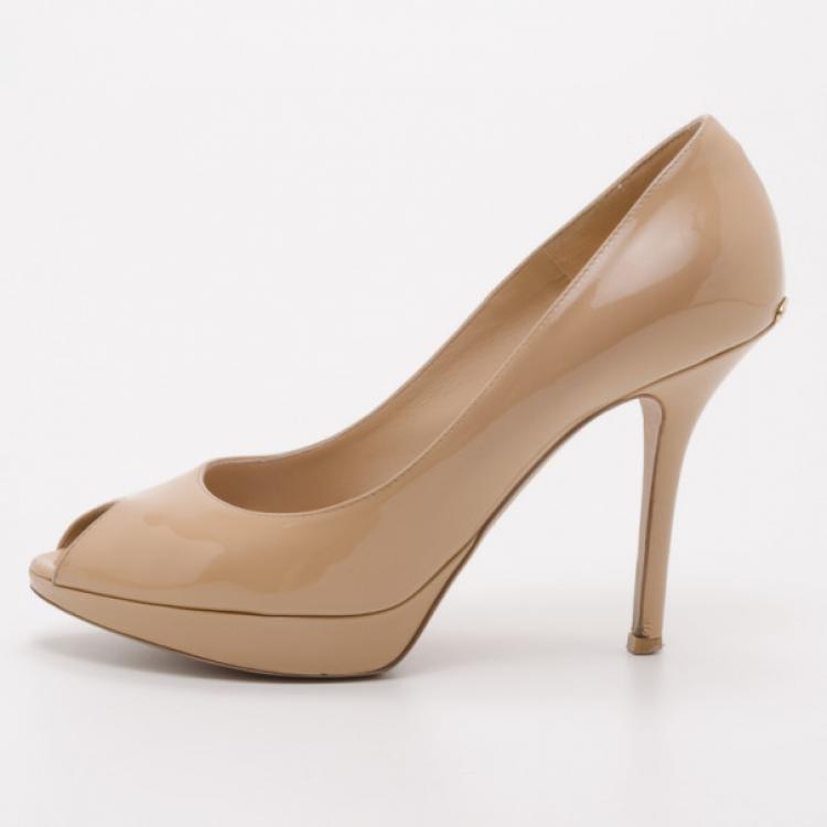 Pre Owned Dior Miss Dior Patent Nude Peep Toe Pumps Size 37.5