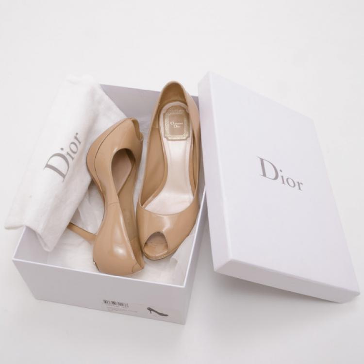 Pre Owned Dior Miss Dior Patent Nude Peep Toe Pumps Size 37.5