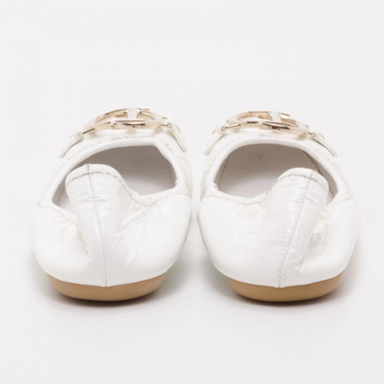 Pre Owned Dior CD White Patent Ballerina Flats Size 35.5