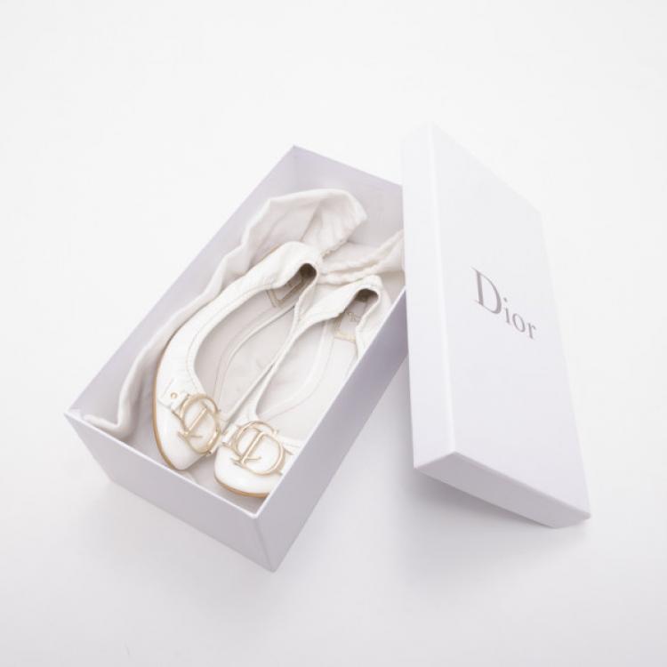 Pre Owned Dior CD White Patent Ballerina Flats Size 35.5