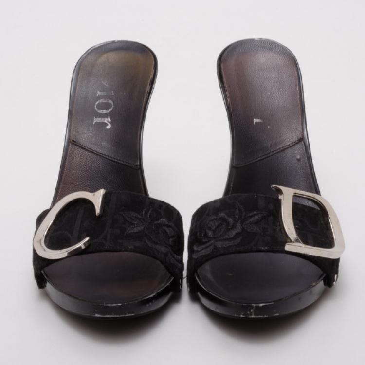Pre Owned Dior Black Embroidered Slides Size 38