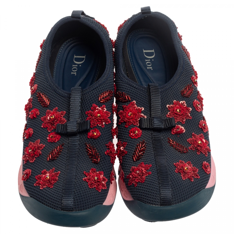 Pre Owned Dior Blue Mesh Fusion Floral Embellished Slip On Sneakers Size 39