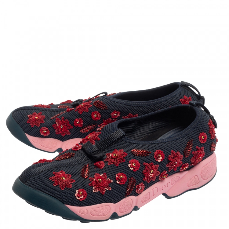 Pre Owned Dior Blue Mesh Fusion Floral Embellished Slip On Sneakers Size 39
