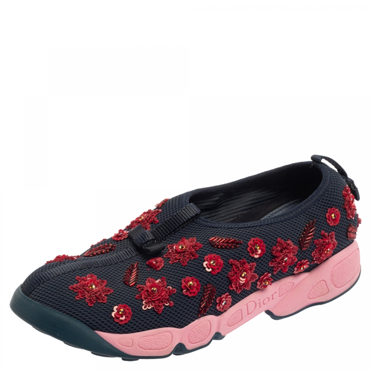 Pre Owned Dior Blue Mesh Fusion Floral Embellished Slip On Sneakers Size 39