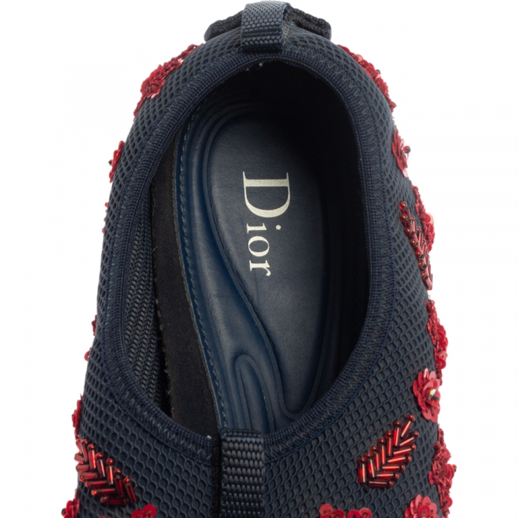 Pre Owned Dior Blue Mesh Fusion Floral Embellished Slip On Sneakers Size 39