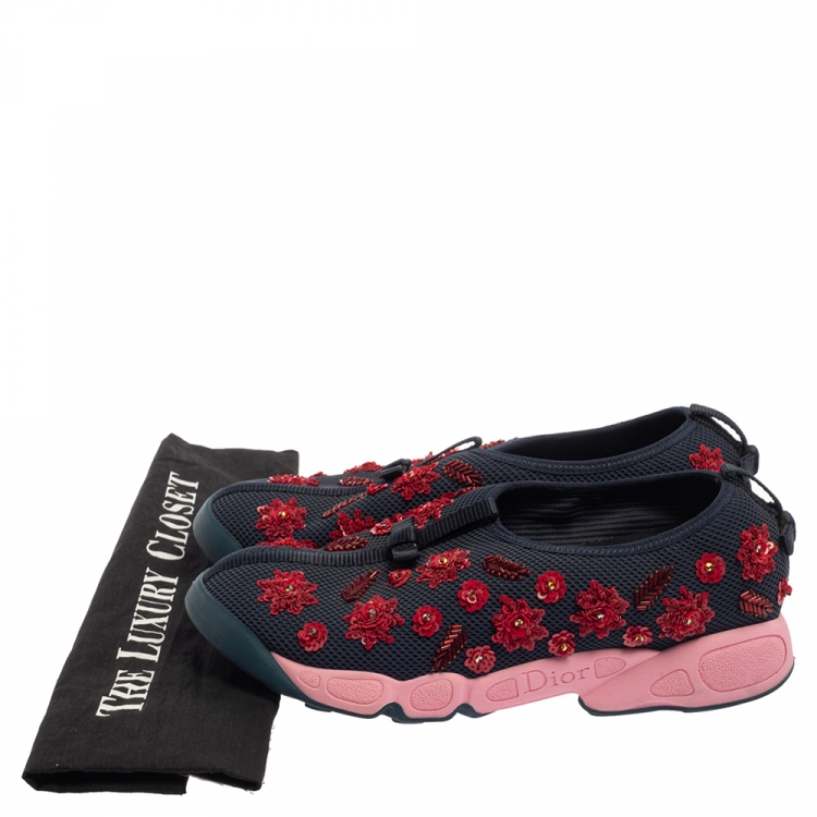 Pre Owned Dior Blue Mesh Fusion Floral Embellished Slip On Sneakers Size 39