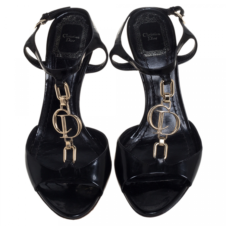 Pre Owned Dior Black Patent Leather Logo Embellished T Strap Sandals Size 36
