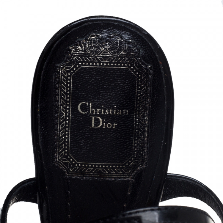 Pre Owned Dior Black Patent Leather Logo Embellished T Strap Sandals Size 36