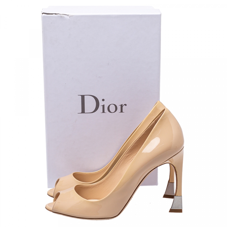 Pre Owned Dior Beige Patent Leather Miss Dior Peep Toe Pumps Size 38
