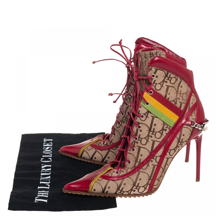 Pre Owned Dior Beige/Red Leather And Canvas Monogram Rasta Ankle Boots Size 36.5