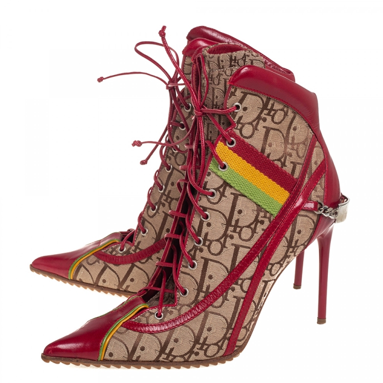 Pre Owned Dior Beige/Red Leather And Canvas Monogram Rasta Ankle Boots Size 36.5