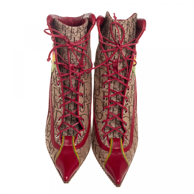 Pre Owned Dior Beige/Red Leather And Canvas Monogram Rasta Ankle Boots Size 36.5