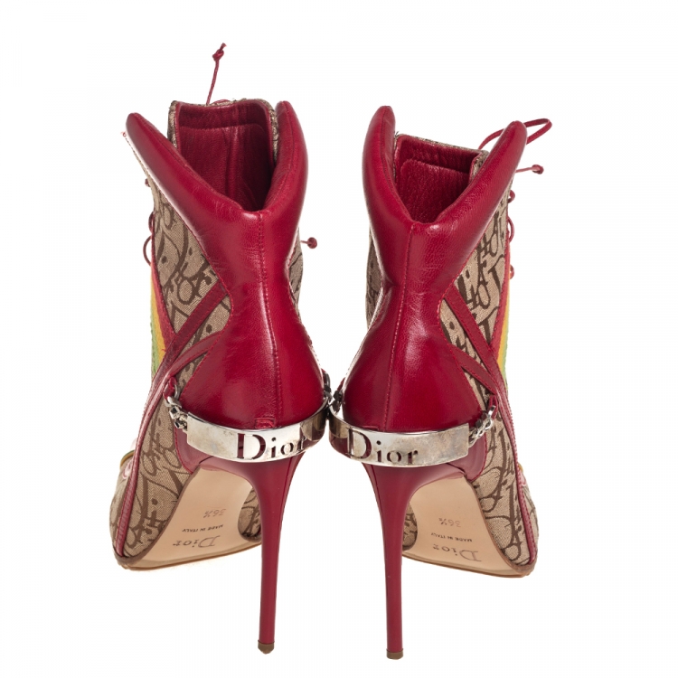 Pre Owned Dior Beige/Red Leather And Canvas Monogram Rasta Ankle Boots Size 36.5