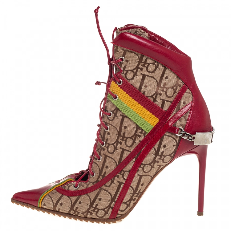 Pre Owned Dior Beige/Red Leather And Canvas Monogram Rasta Ankle Boots Size 36.5