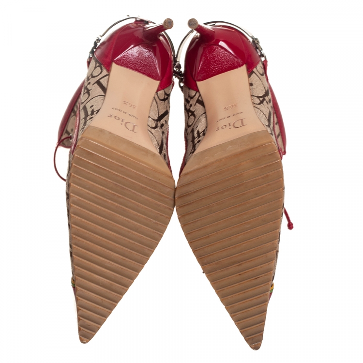 Pre Owned Dior Beige/Red Leather And Canvas Monogram Rasta Ankle Boots Size 36.5