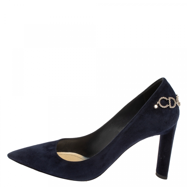 Pre Owned Christian Dior Navy Blue Suede CD Logo Chain Embellished Pointed Toe Pumps Size 37