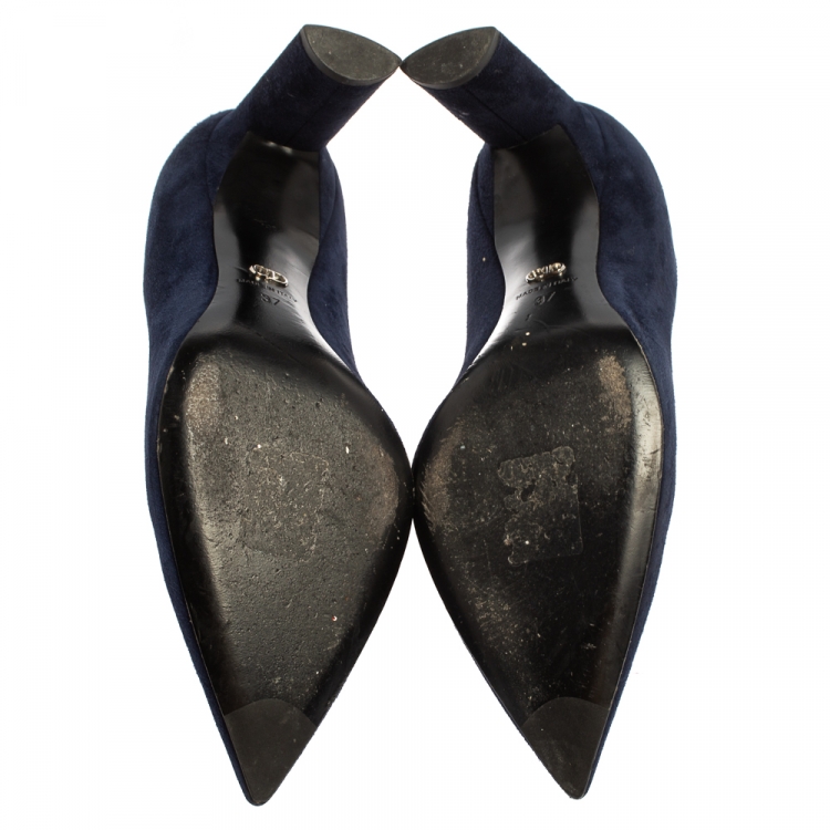 Pre Owned Christian Dior Navy Blue Suede CD Logo Chain Embellished Pointed Toe Pumps Size 37