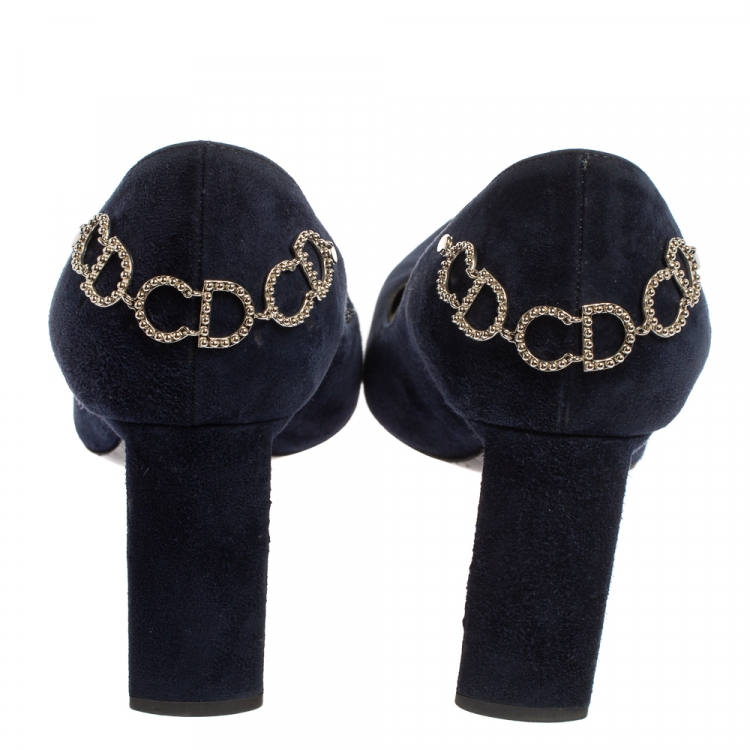 Pre Owned Christian Dior Navy Blue Suede CD Logo Chain Embellished Pointed Toe Pumps Size 37