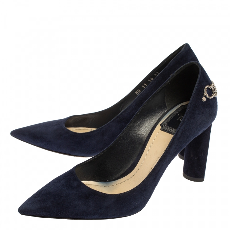 Pre Owned Christian Dior Navy Blue Suede CD Logo Chain Embellished Pointed Toe Pumps Size 37