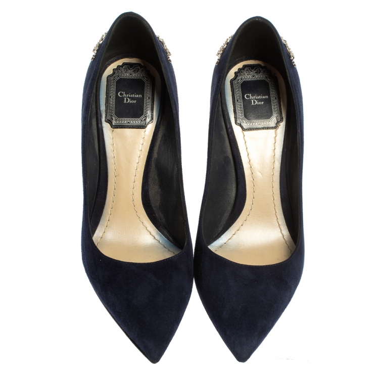 Pre Owned Christian Dior Navy Blue Suede CD Logo Chain Embellished Pointed Toe Pumps Size 37