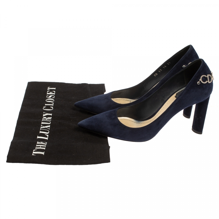 Pre Owned Christian Dior Navy Blue Suede CD Logo Chain Embellished Pointed Toe Pumps Size 37
