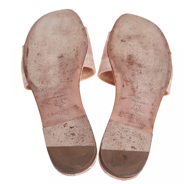 Pre Owned Dior Light Pink Fabric Dway Logo Embroidered Flat Slides Size 39