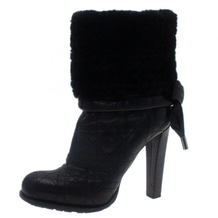 Pre Owned Dior Black Leather Cannage Ice Fur Cuffed Boots Size 38.5