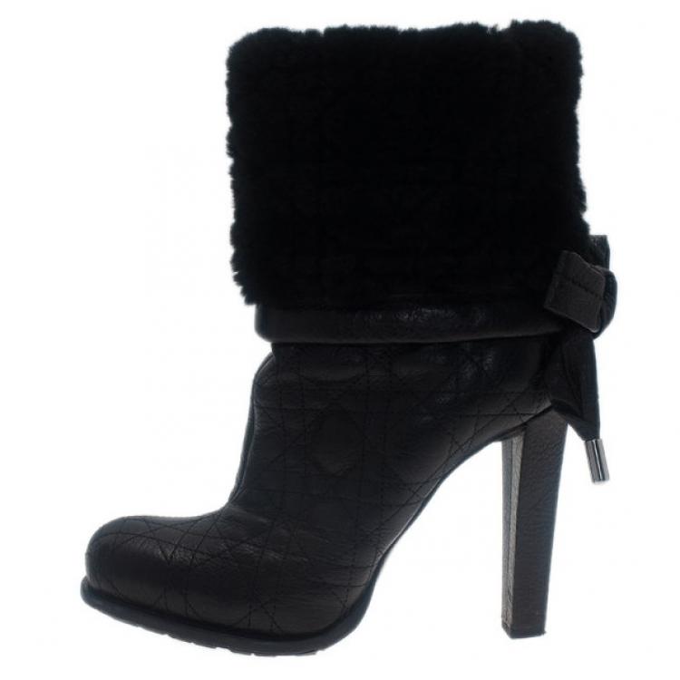 Pre Owned Dior Black Leather Cannage Ice Fur Cuffed Boots Size 38.5