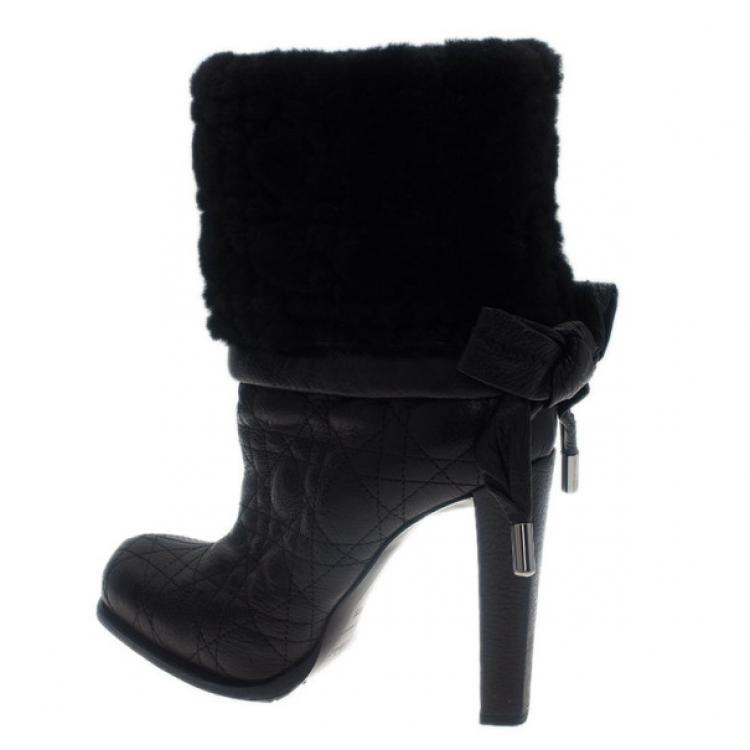 Pre Owned Dior Black Leather Cannage Ice Fur Cuffed Boots Size 38.5