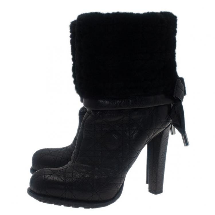 Pre Owned Dior Black Leather Cannage Ice Fur Cuffed Boots Size 38.5