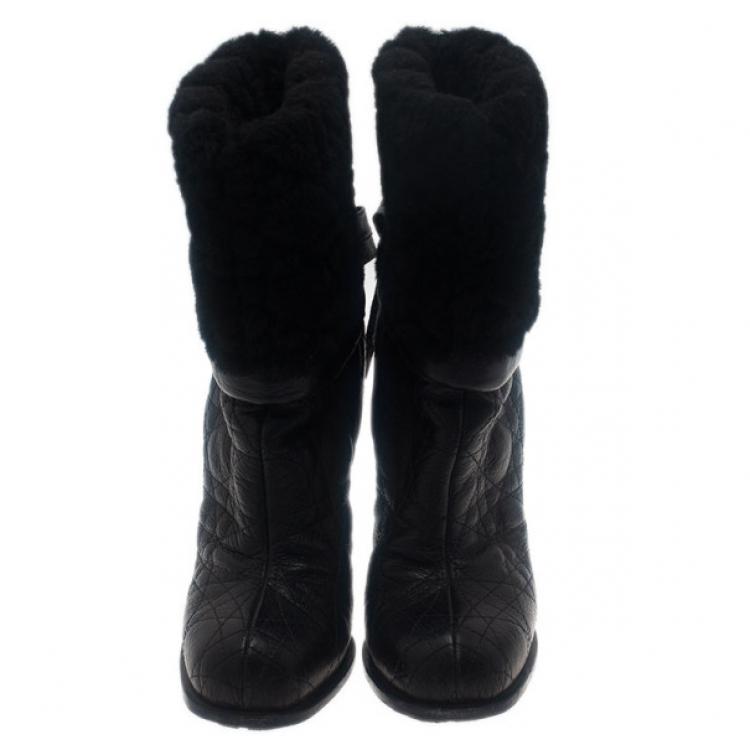 Pre Owned Dior Black Leather Cannage Ice Fur Cuffed Boots Size 38.5