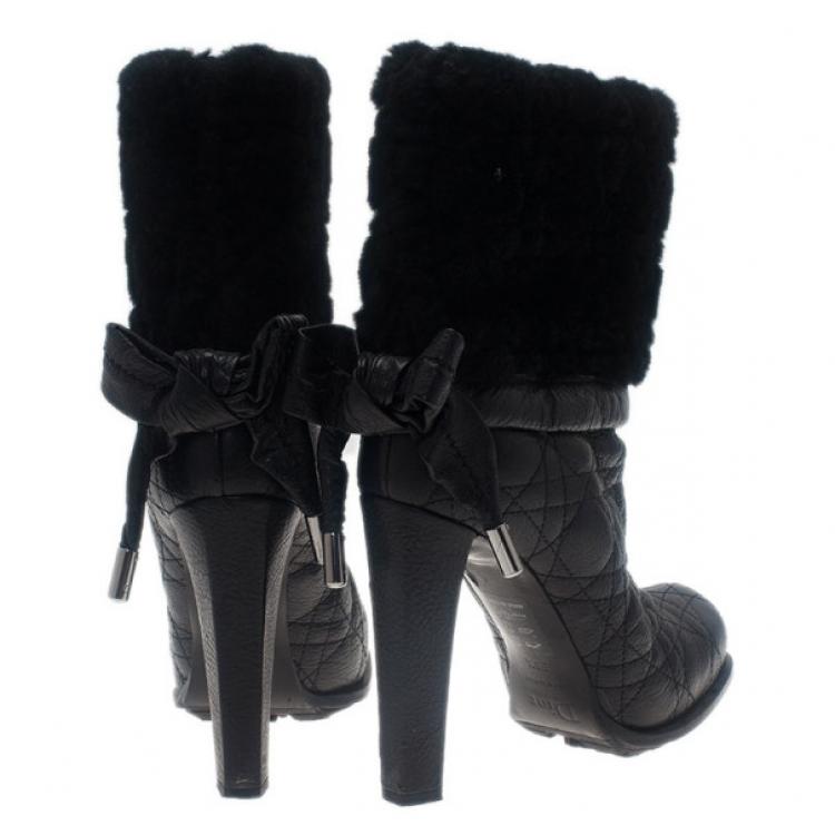 Pre Owned Dior Black Leather Cannage Ice Fur Cuffed Boots Size 38.5