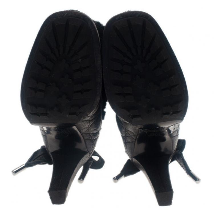 Pre Owned Dior Black Leather Cannage Ice Fur Cuffed Boots Size 38.5